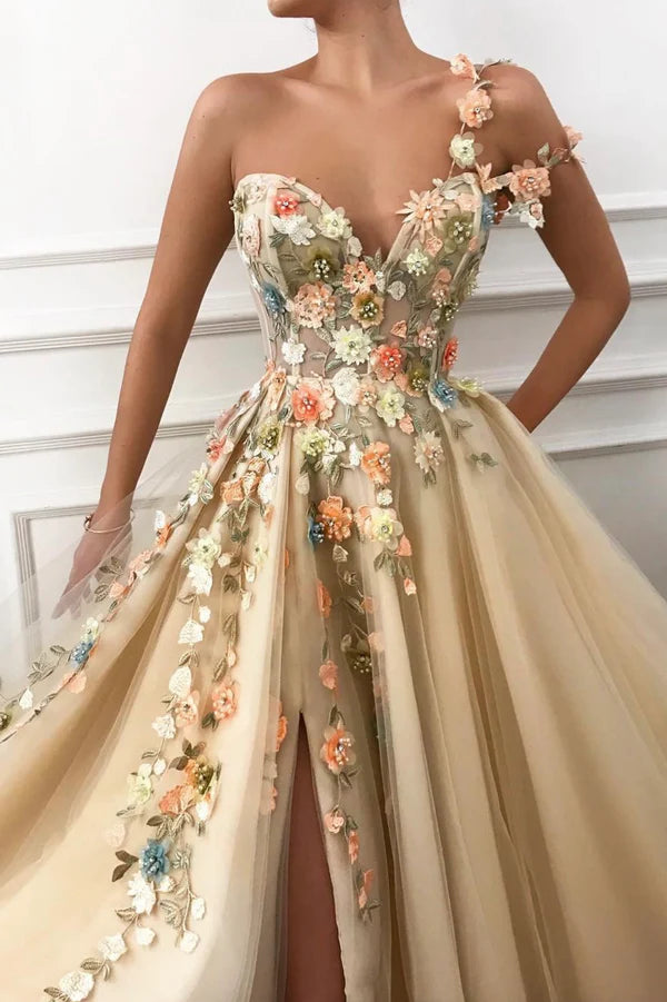Champagne Tulle Long A-Line Prom Dress Off the Shoulder Evening Dress with Slit